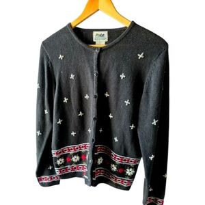 Northern Reflections Black and Gray Floral Button-Up  Fair Isle Sweater Vintage